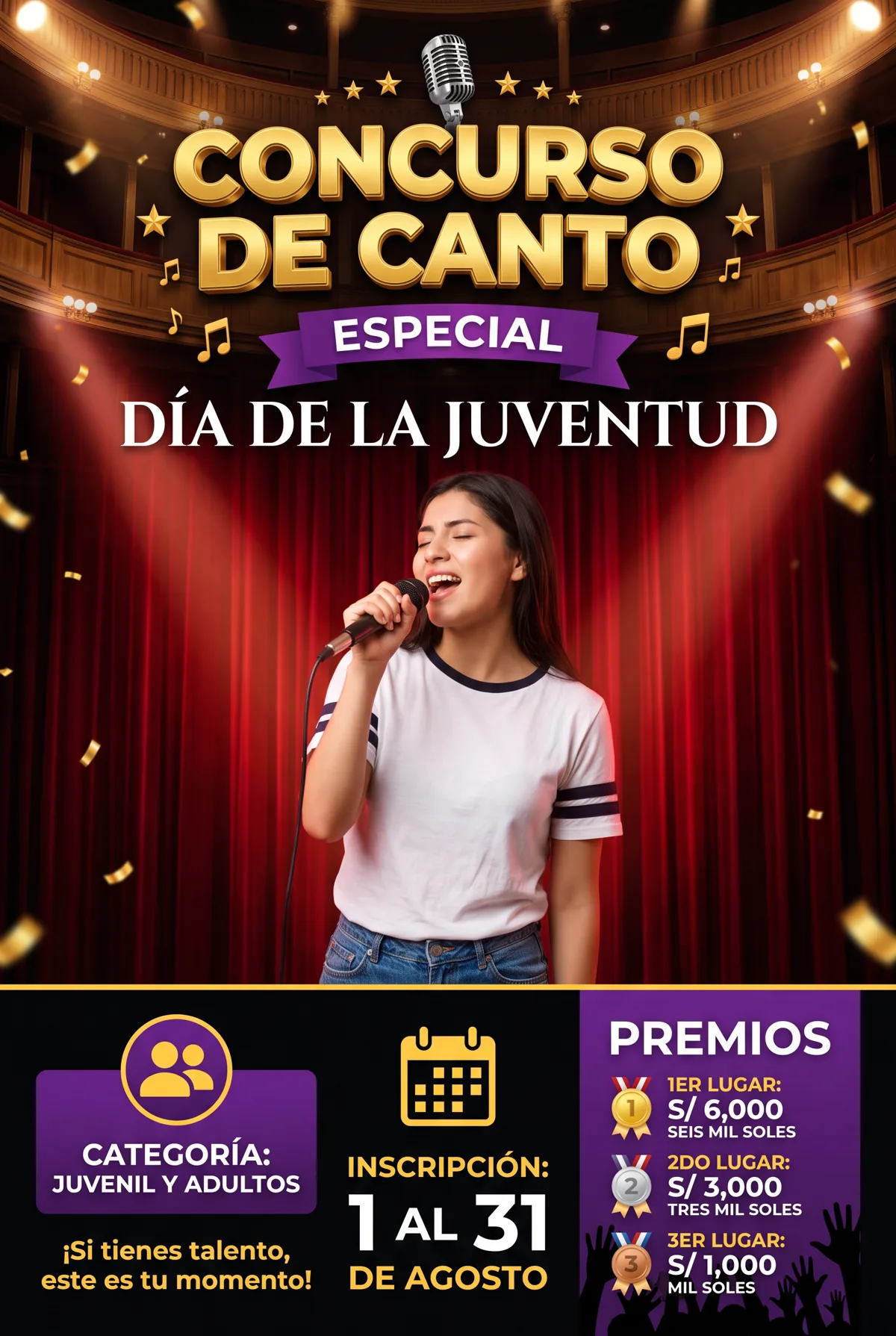 Afiche oficial del Concurso de Canto Especial Día de la Juventud: inscripción del 1 al 31 de agosto, solo mayores de 18 años, premios de 6,000, 3,000 y 1,000 soles